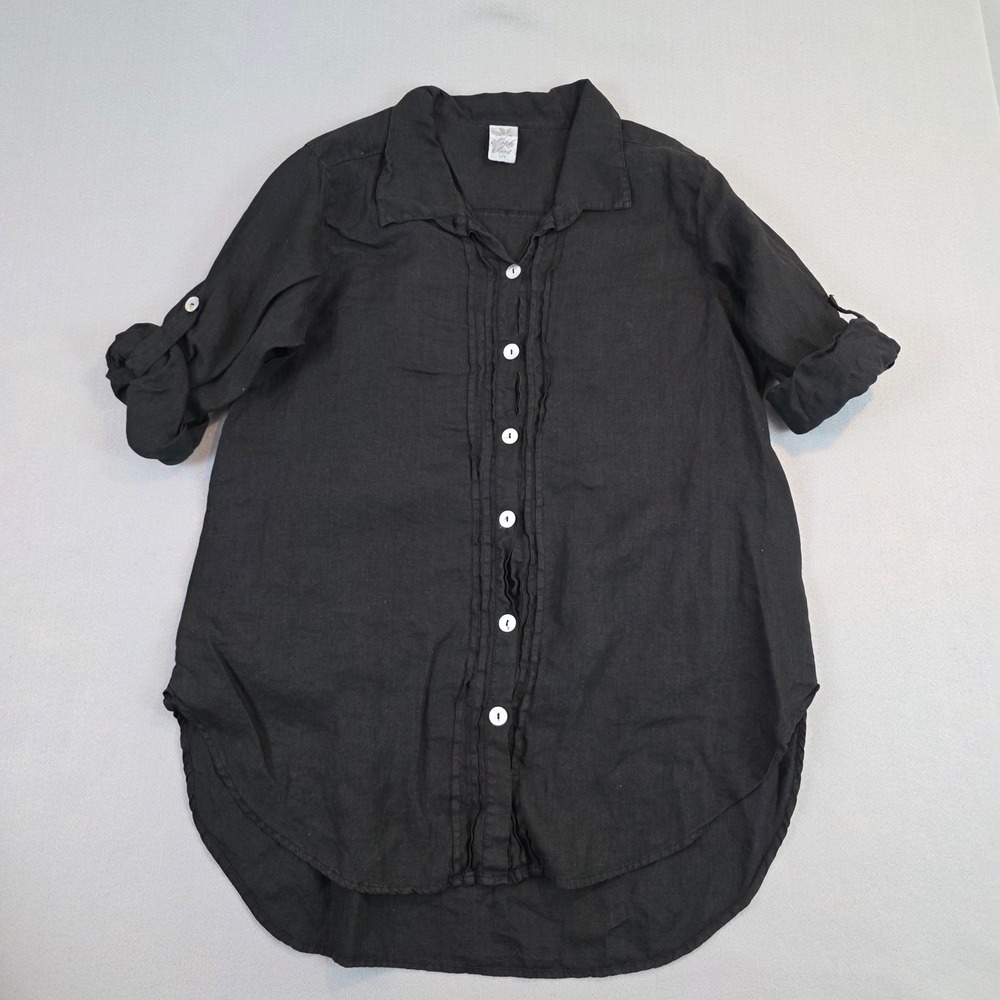 Match Point Womens XL Black 100% Linen Roll Tab Ruffle Button Up Tunic Lagenlook